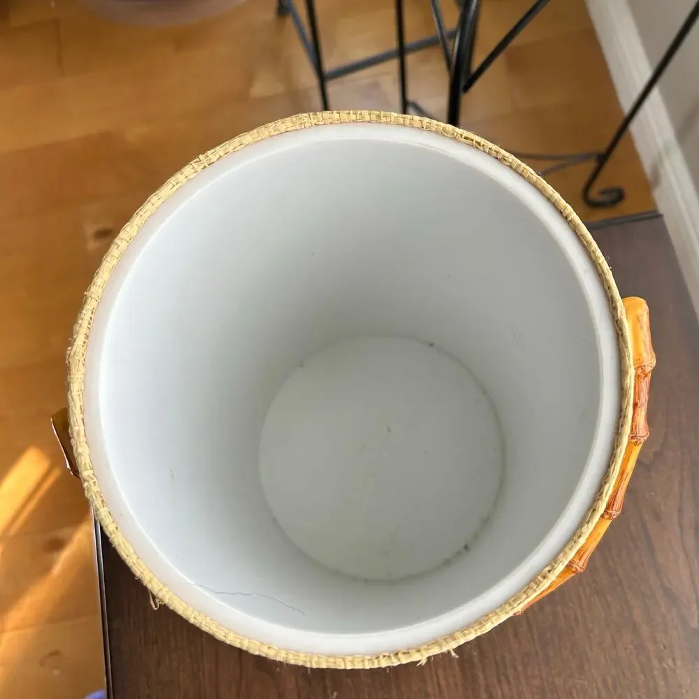 Vintage Mid-Century Modern Tall Grass Cloth Ice Bucket with Bamboo Handle